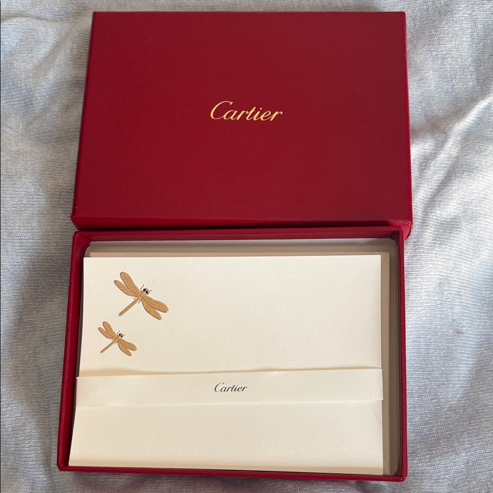 Cartier Red Box with 8 Cream Note Cards and 8 Envelopes withGold Dragonfly Motif